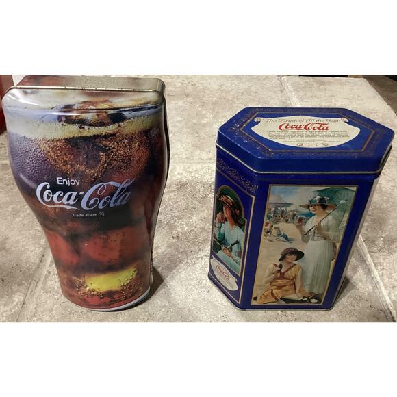 Coca Cola Empty Tins ~ The Drink Of All The Year & 1998 Coke Glass Shaped Tin - Picture 1 of 8